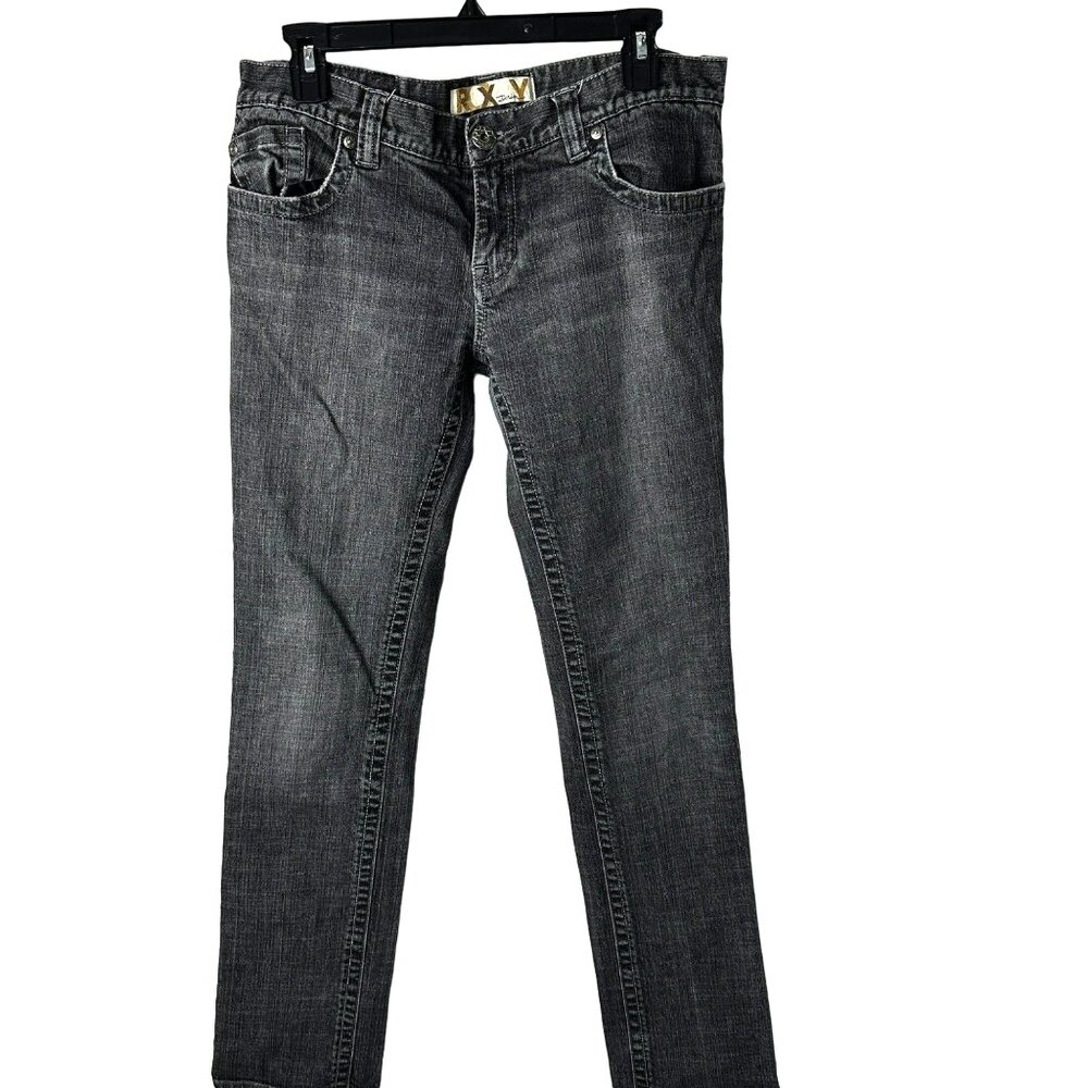 Roxy Size 13 Womens Gray Denim Zip Jeans Mid-Rise Straight Leg
